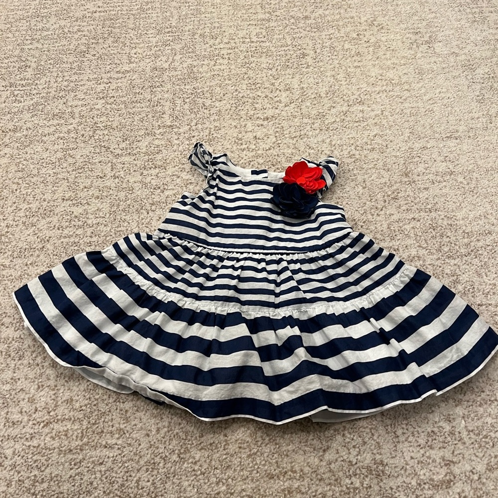 Janie & Jack navy striped dress with flower appliqué, size 3-6 months